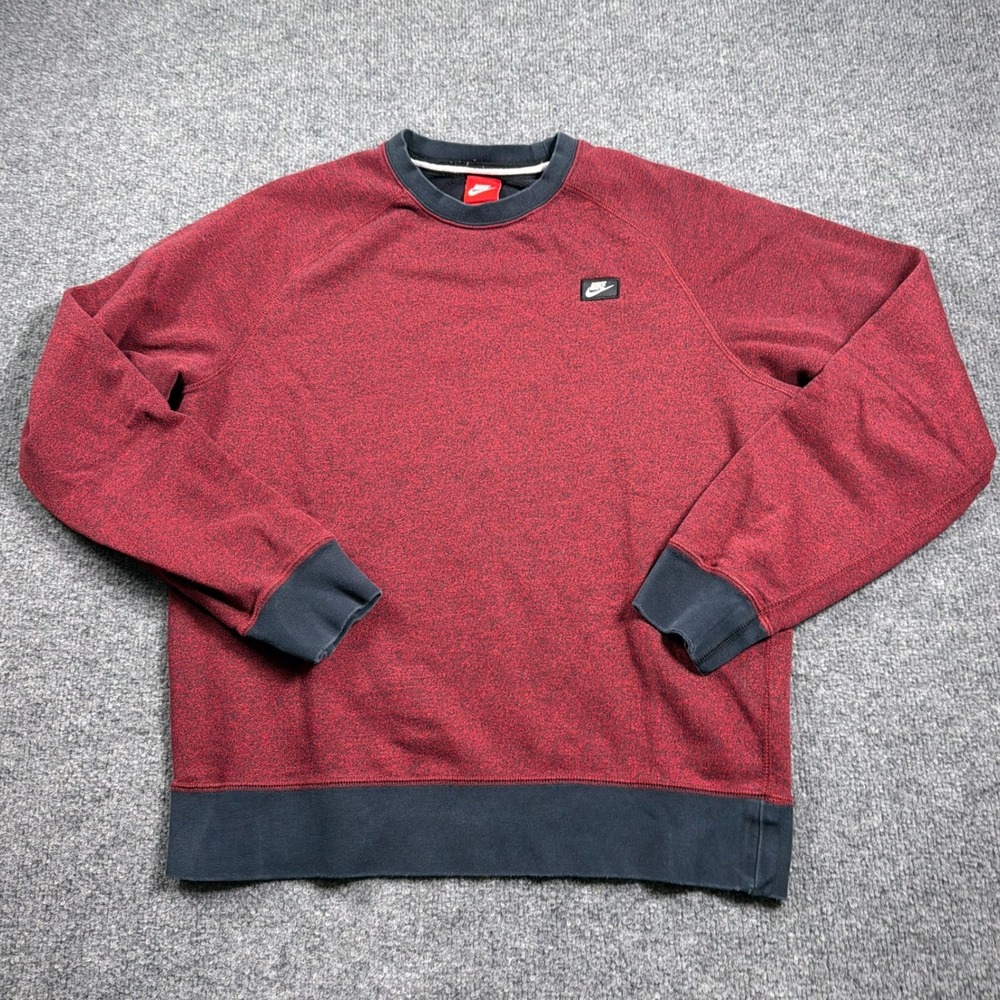 Nike Varsity Crew Sweatshirt Mens Medium Red Heathered Raglan Sleeve Logo Patch